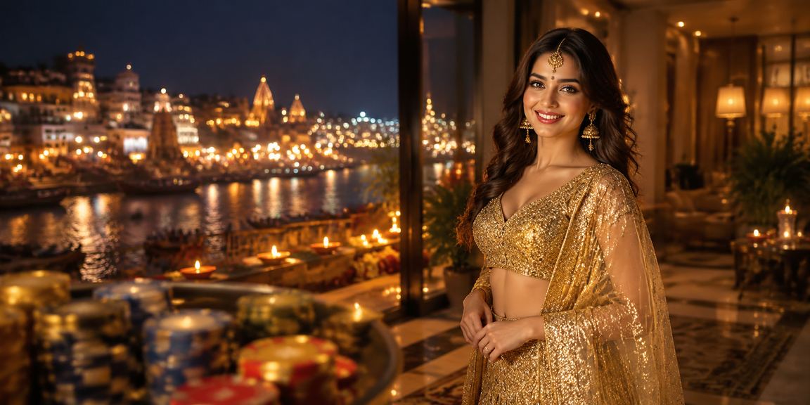 Young Indian woman playing online slots on mobile during travel at Varanasi